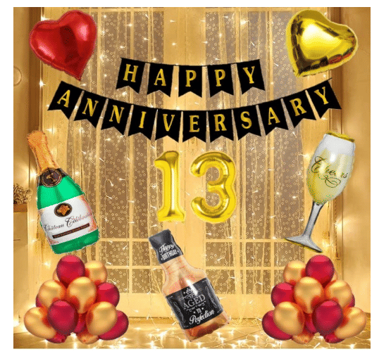     			Blooms  Mall  1 set Happy Anniversary  Banner (Black   Color), ,13 No. Foil Number Silver Golden + Green  + 1 pc Aged to Perfection 1 Whiskey  Foil Balloon