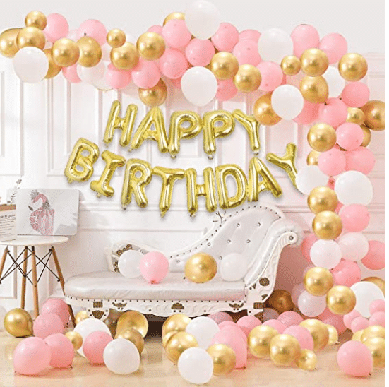     			Blooms Mall 101 Pcs Wonderful Combo Happy Birthday Letter Foil Balloon  + Pink,White and Golden Metallic Balloons