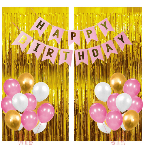     			Blooms Mall 33 Pcs Super Combo Happy Birthday Banner + Gold Fringe Curtain + Blue,white and gold Metallic Balloons