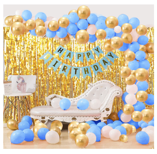     			Blooms Mall Creative 63 Pcs Combo Happy Birthday  Banner  + Golden Fringe Curtain  + Blue,White and Gold Metallic Balloons