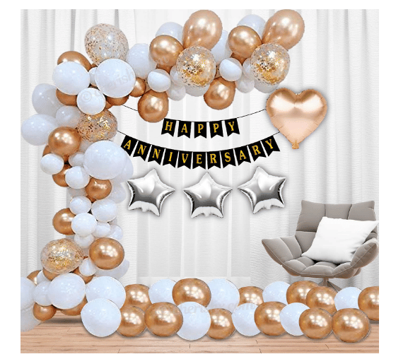     			Blooms Mall  Rosegold & White Anniversary Celebration Decorations 63 Pcs Set - Anniversary Banner, Star, Heart, Confetti & Metallic Balloon Decoration for Wedding Anniversary, Arch Stip and Glue tape