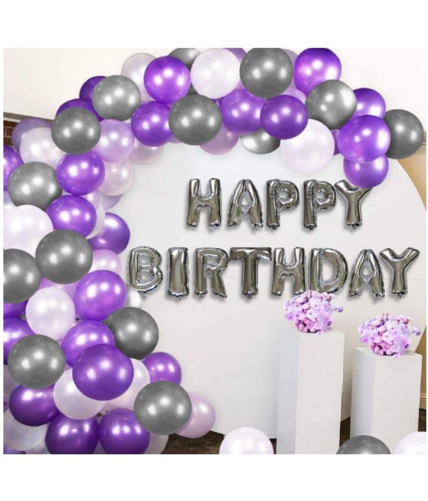     			Blooms Mall Elegant 31 Pcs Combo Happy Birthday Letter foil Balloon  + Purple,Silver and white Metallic Balloons
