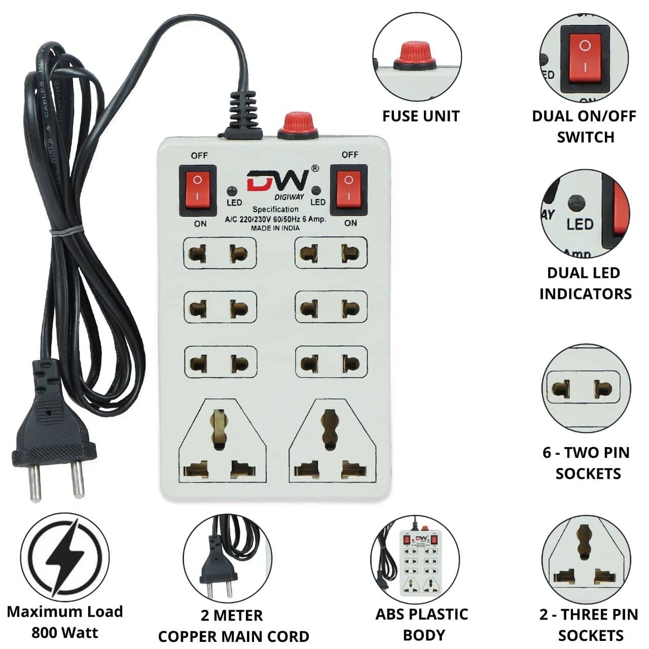     			Digiway 8+2 Mini Strip Extension Board/Cord 8 Sockets 2 Switches 6 AMP with Fuse Protector (Cord Length: 2.0 Meter)- Beige