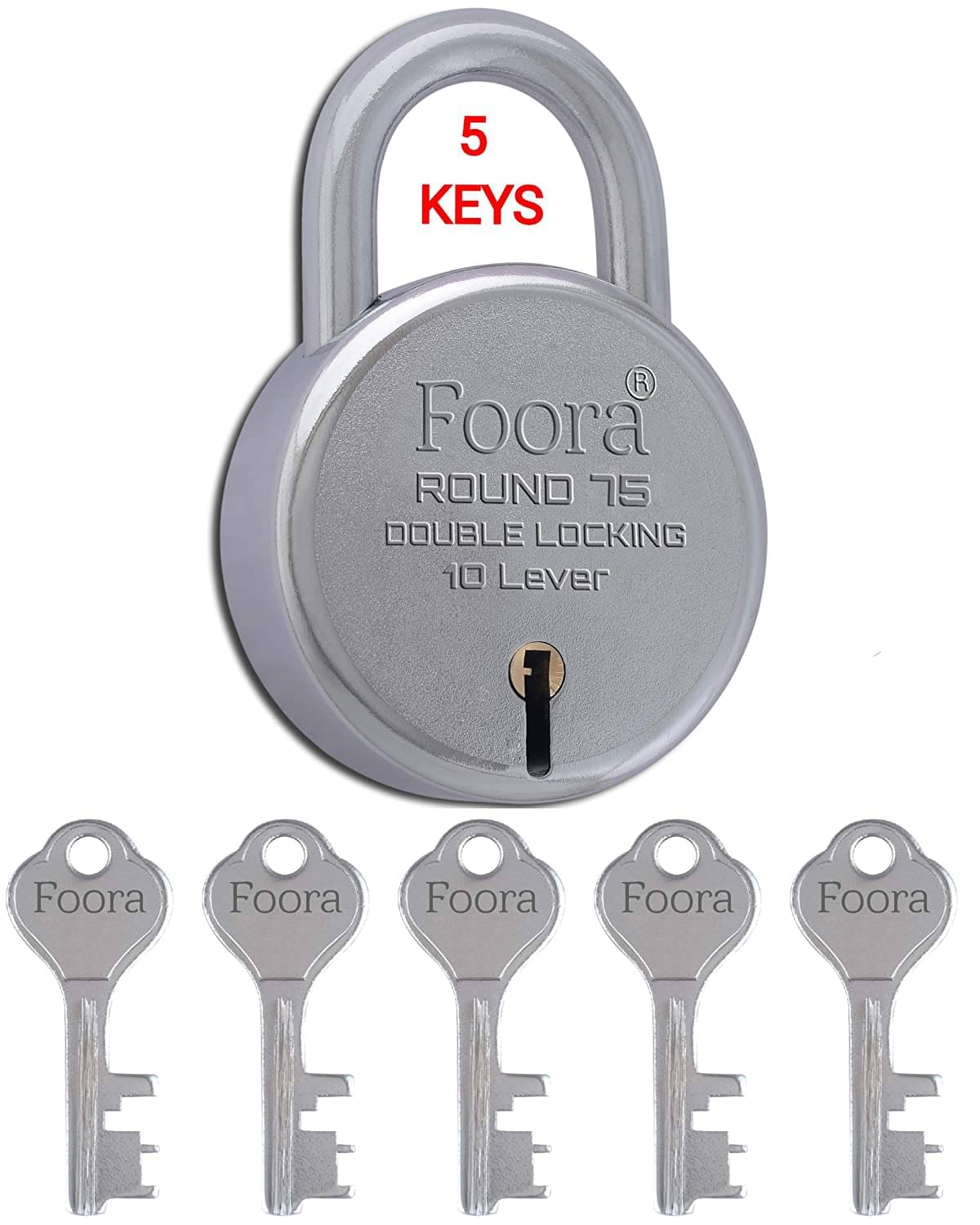     			Foora-Tools Hardware Round 75mm Big Size Steel Polished Finish with 5 Keys, 10 Lever Double Lock (Silver)