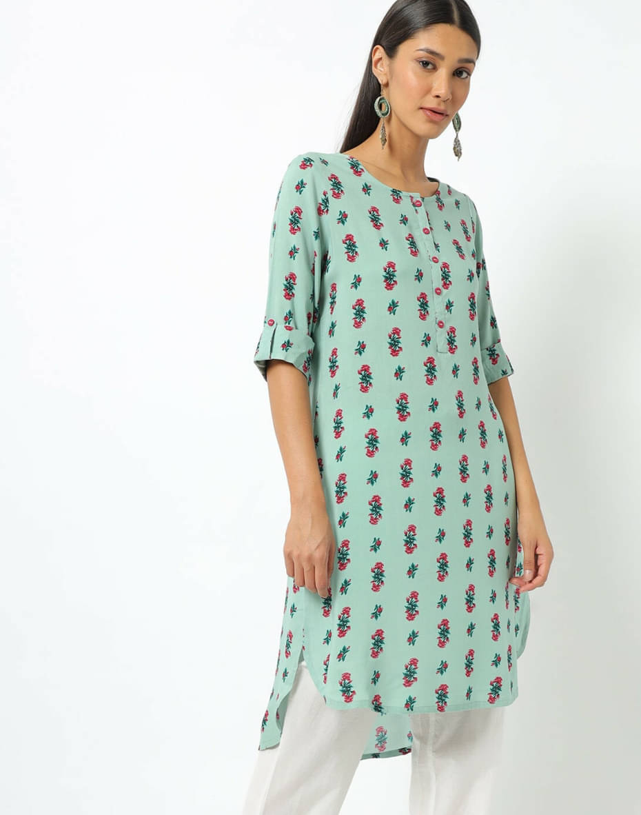 Greyshade - Asymmetrical Rayon Green Women's Kurti ( Pack of 1 ) Greyshade - Asymmetrical Rayon Green Women's Kurti ( Pack of 1 )