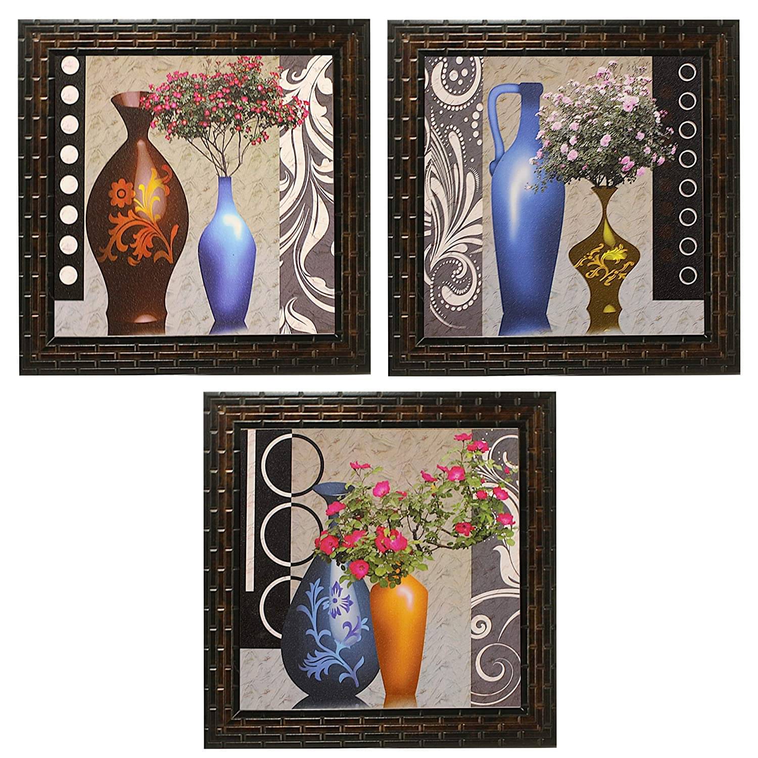     			Indianara 3 Piece Set of Framed Wall Hanging Floral Art Prints Without Glass