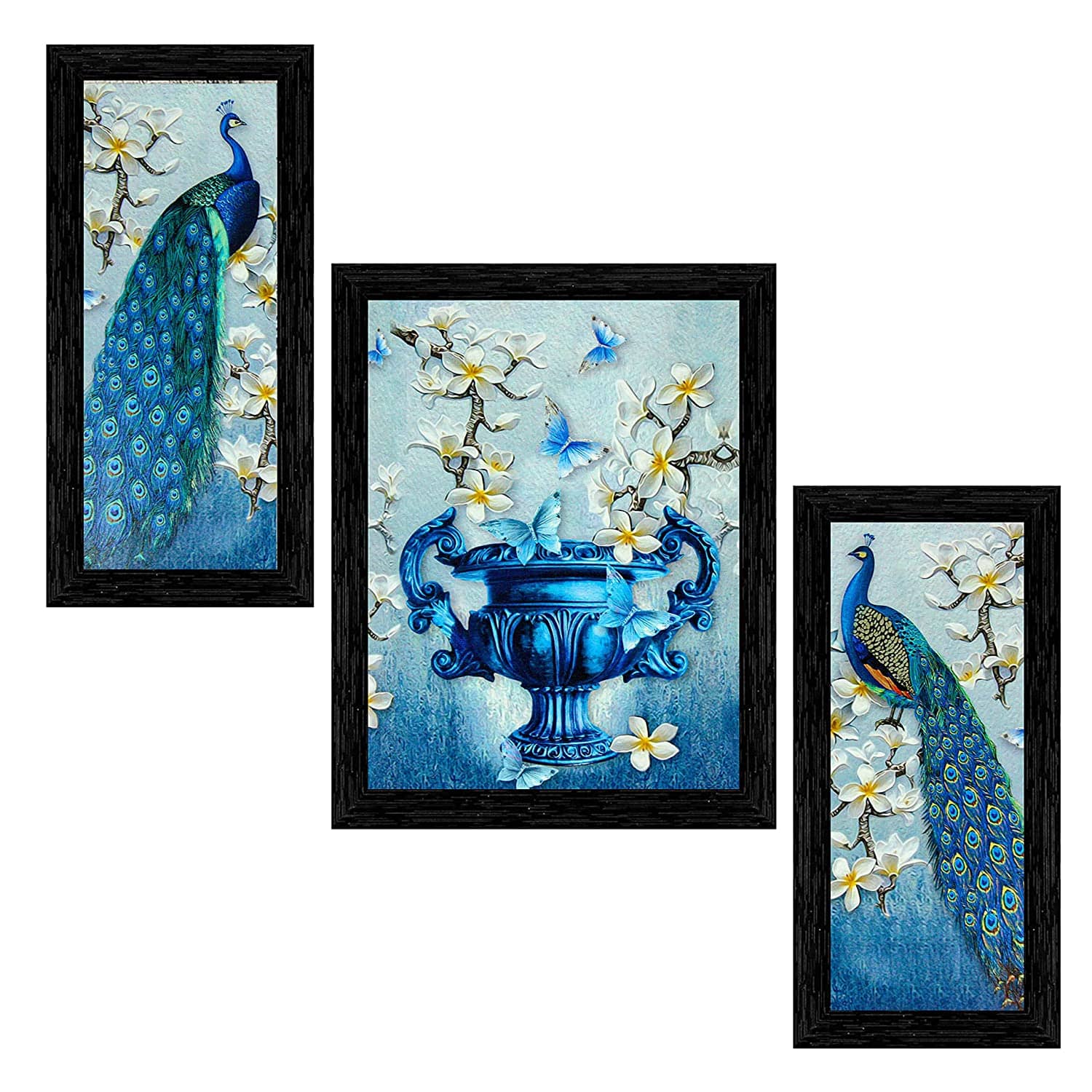 Indianara Set of 3 Beautiful Pair of Peacock and Flower vase Framed Art Painting
