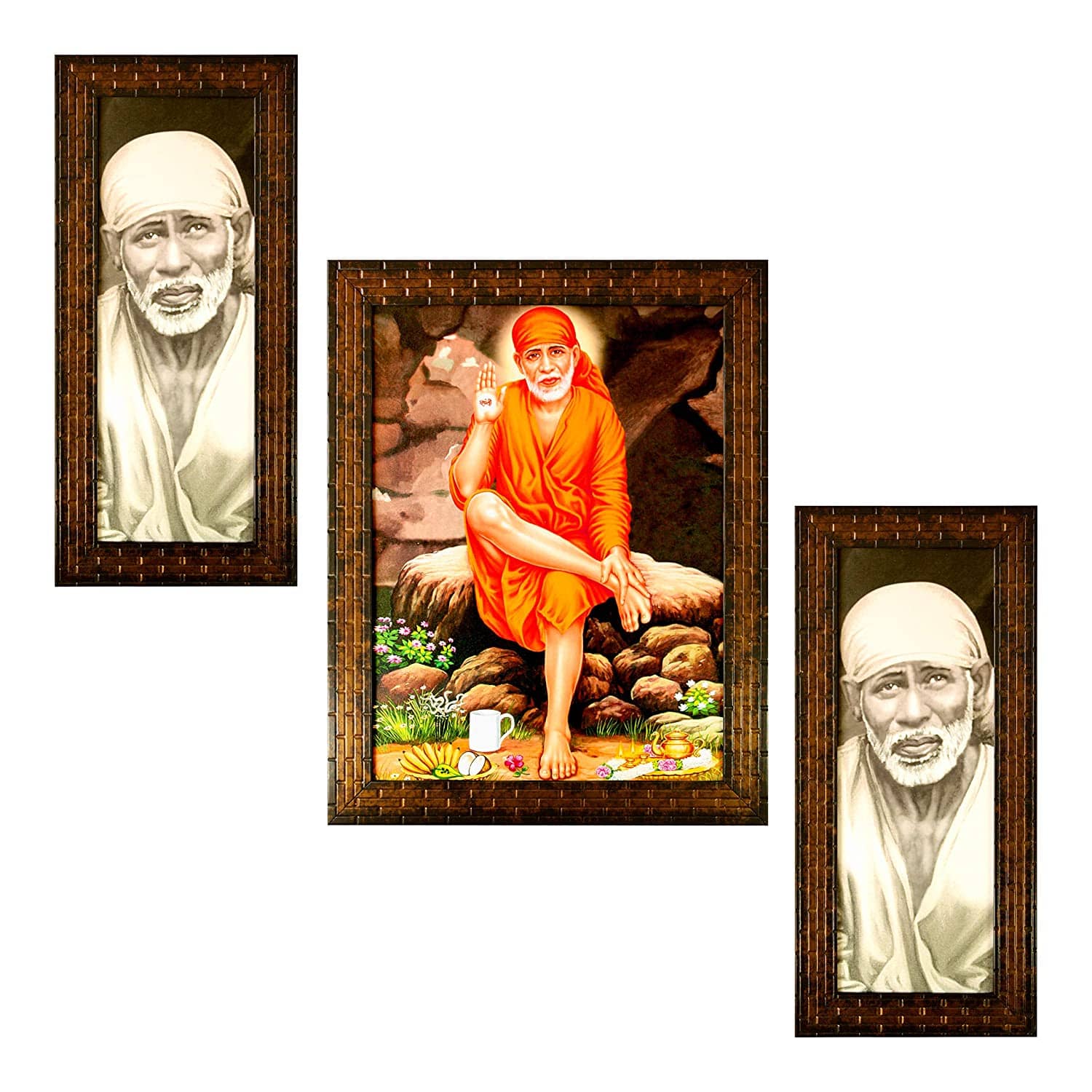 Indianara Sai Baba Wood Painting With Frame Set of 3