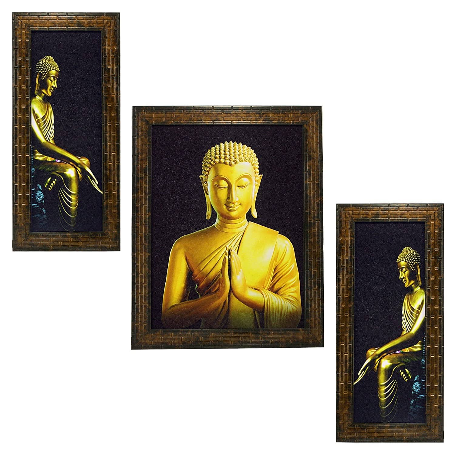 Indianara Lord Buddha Wood Painting With Frame Set of 3