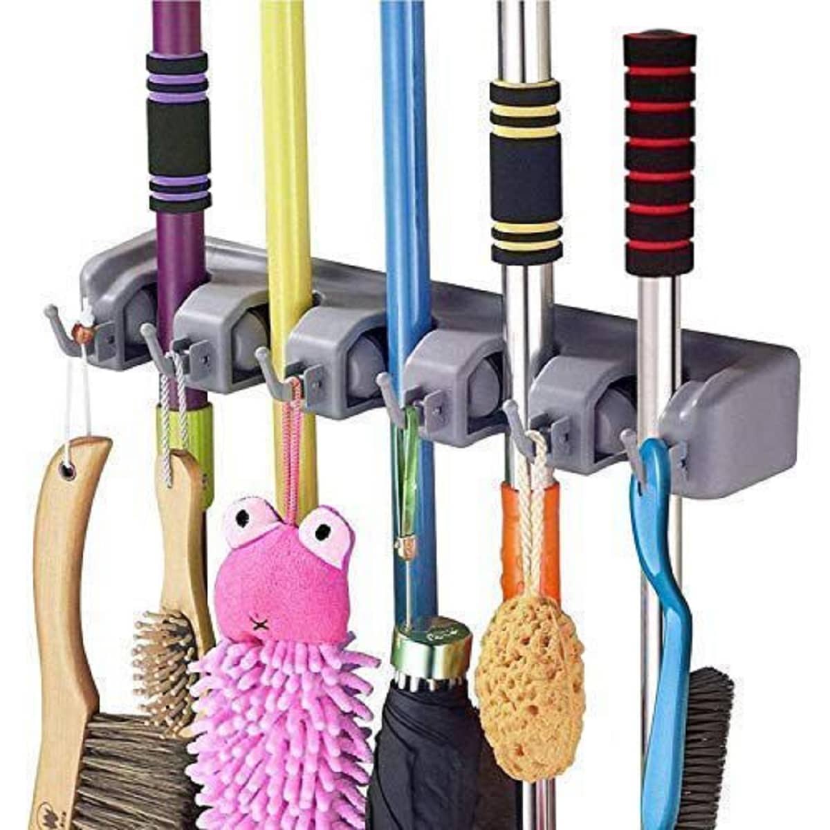 RAMDEV ENTERPRISE Mop,Wiper & Broom Holder, 5 Slot Position with 6 Hooks Storage Holder Wall Mounted, Plastic, Multicolour.