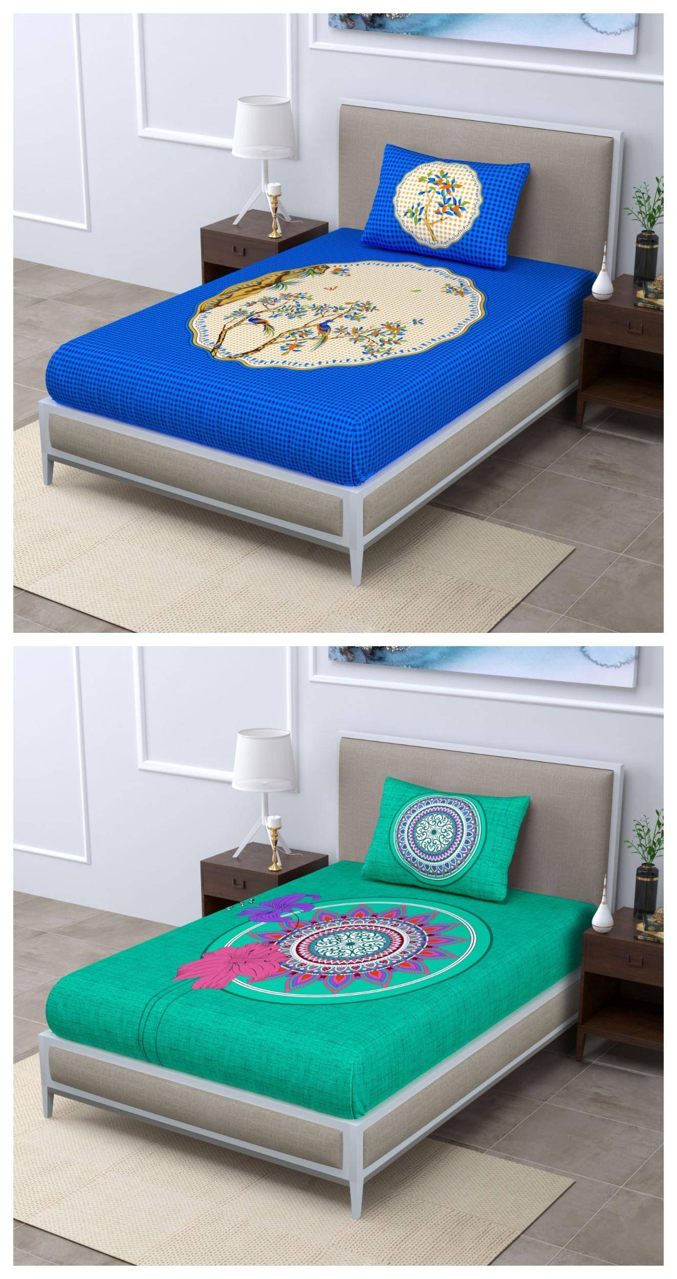 Uniqchoice - 100% Cotton Blue 2 Single Bedsheets with 2 Pillow Covers Uniqchoice - 100% Cotton Blue 2 Single Bedsheets with 2 Pillow Covers
