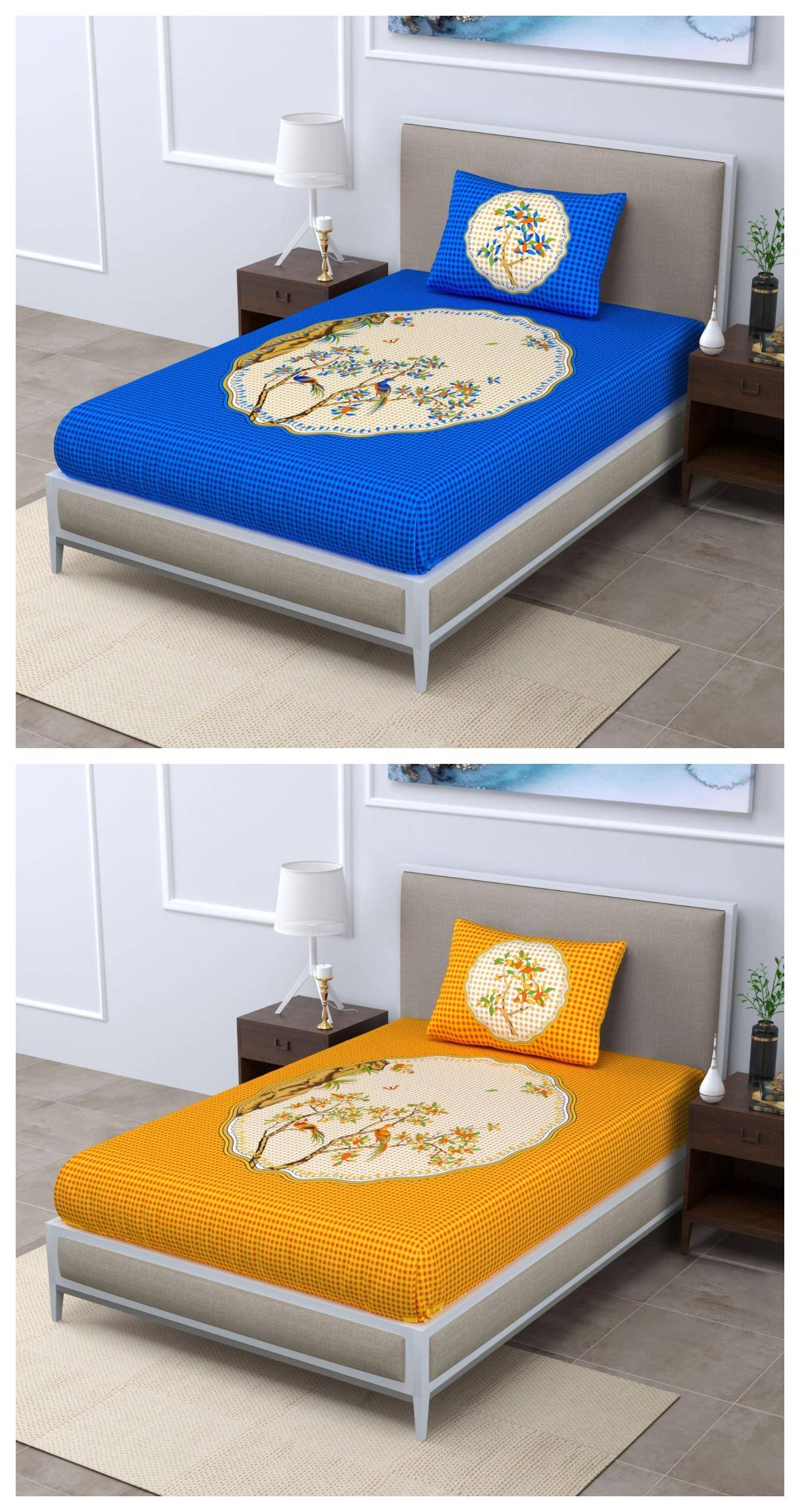     			Uniqchoice - 100% Cotton Blue 2 Single Bedsheets with 2 Pillow Covers