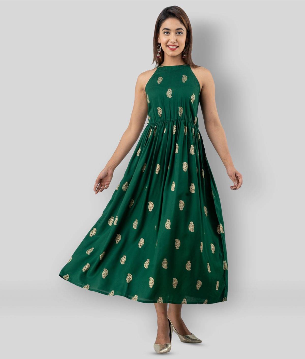 FABRR Women Rayon Printed Ethnic Dress ( Green ) FABRR Women Rayon Printed Ethnic Dress ( Green )