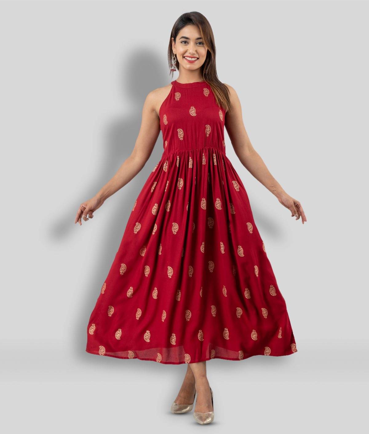     			FABRR Women Rayon Printed Ethnic Dress ( Maroon )