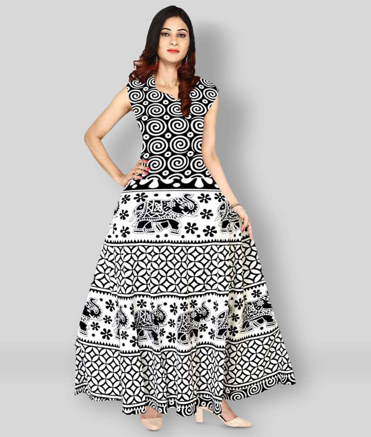 Frionkandy Women Cotton Blend Printed Fit & Flare Dress ( Multicolor ) Frionkandy Women Cotton Blend Printed Fit & Flare Dress ( Multicolor )