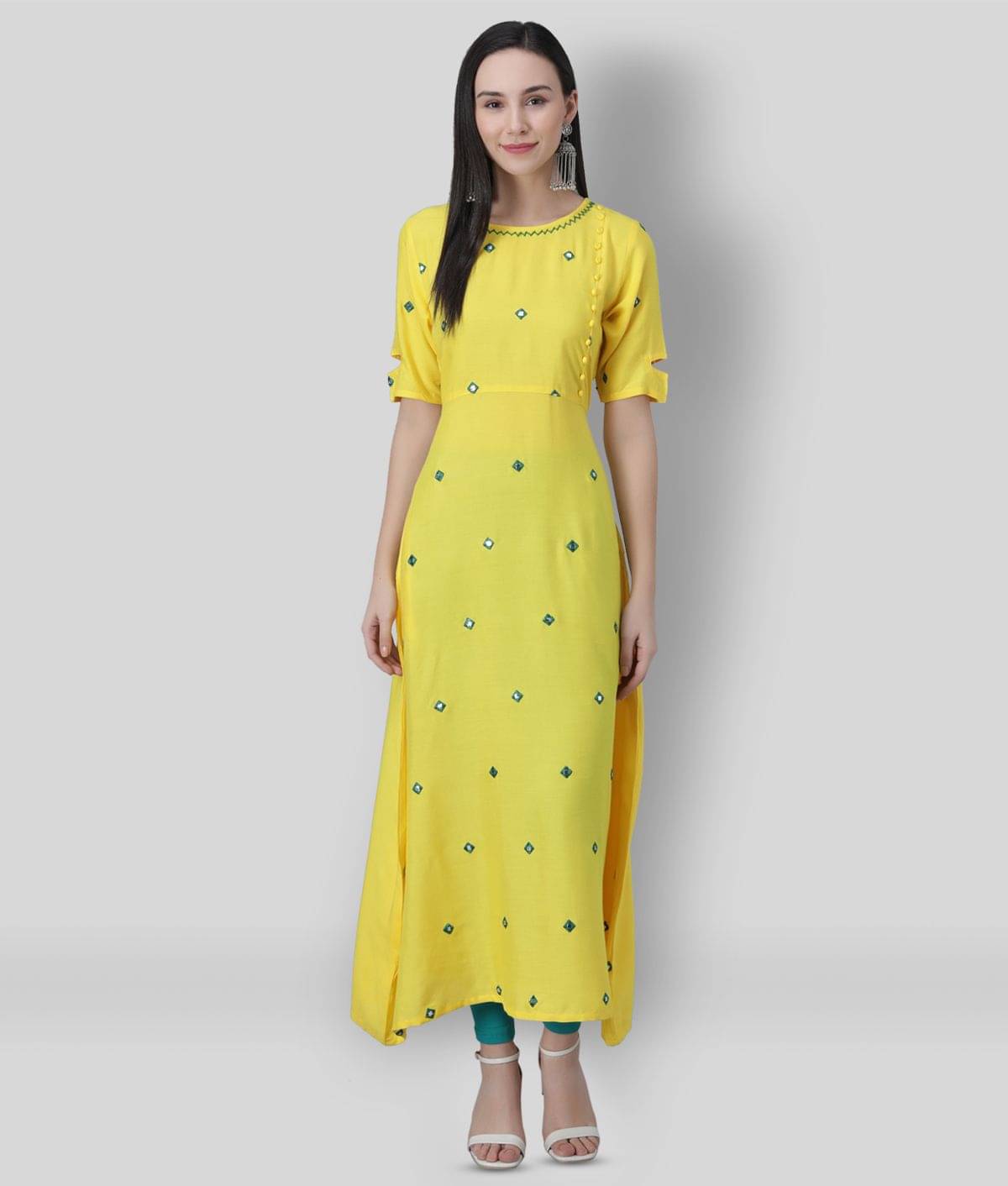 Frionkandy Women Rayon Embellished A-line Dress ( Yellow ) Frionkandy Women Rayon Embellished A-line Dress ( Yellow )