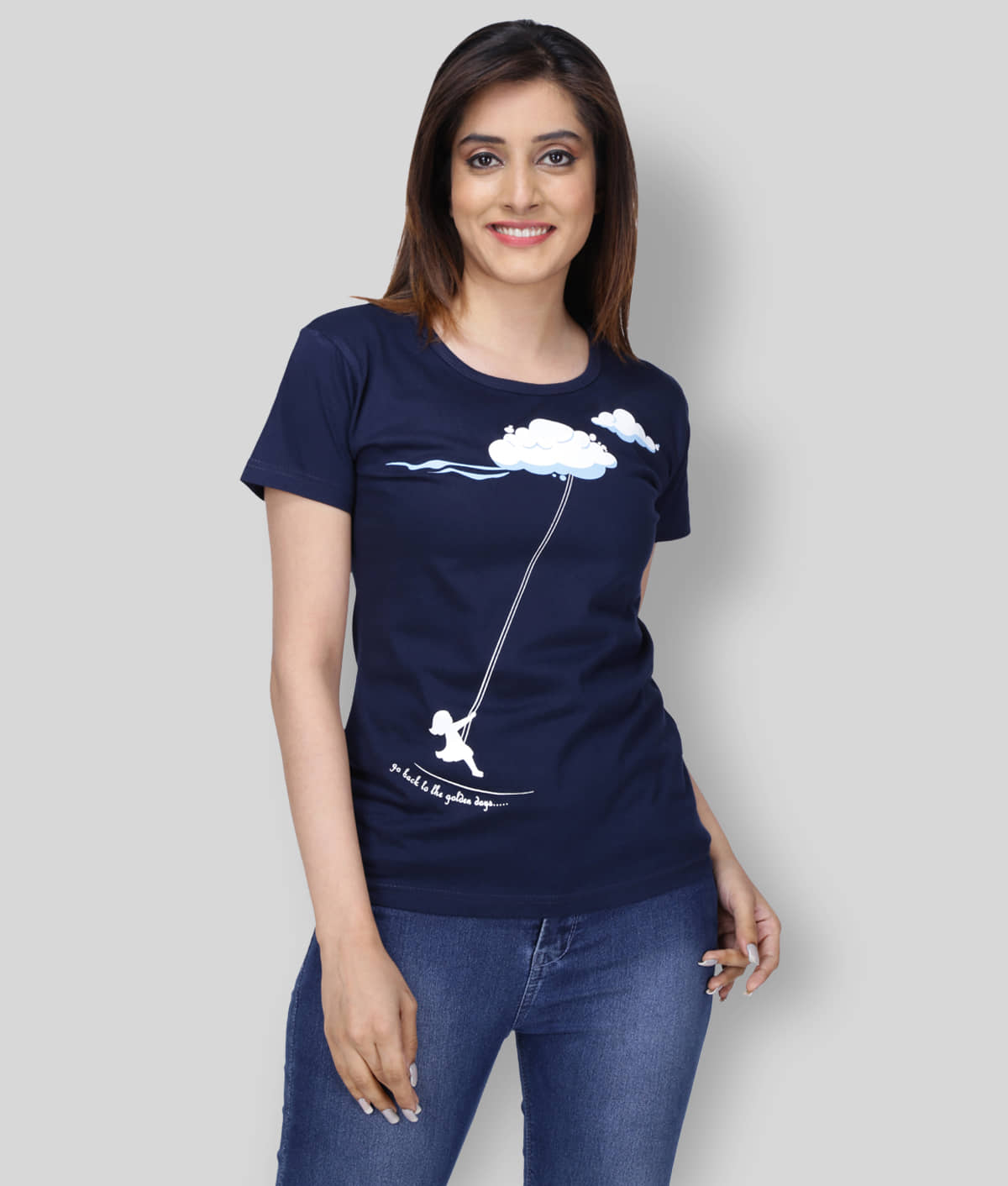 Neo Garments Women Cotton Printed Regular Fit Round Neck T-Shirt ( Navy Blue )
