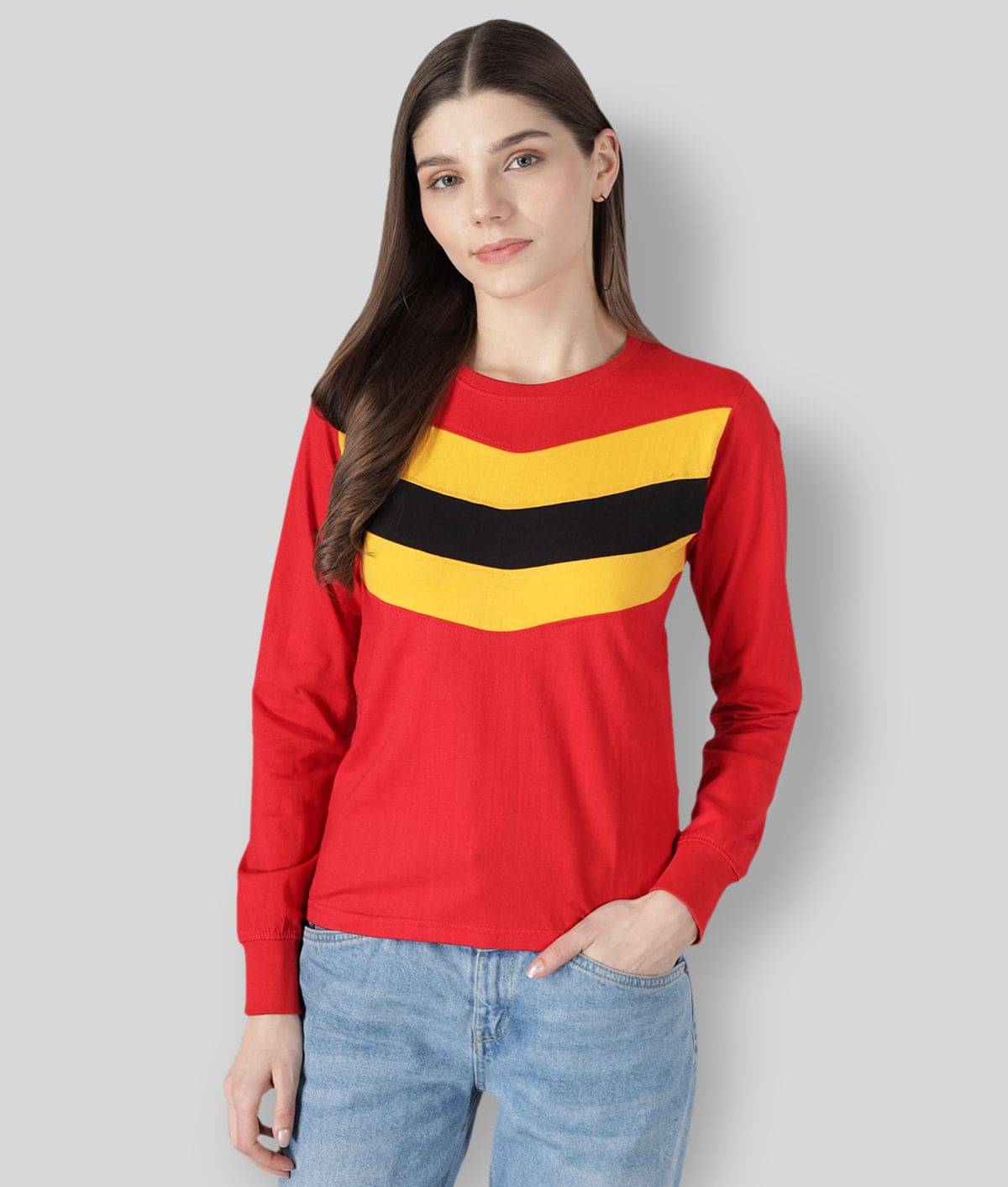 The Dry State Women Cotton Striped Regular Fit Round Neck T-Shirt ( Red ) The Dry State Women Cotton Striped Regular Fit Round Neck T-Shirt ( Red )