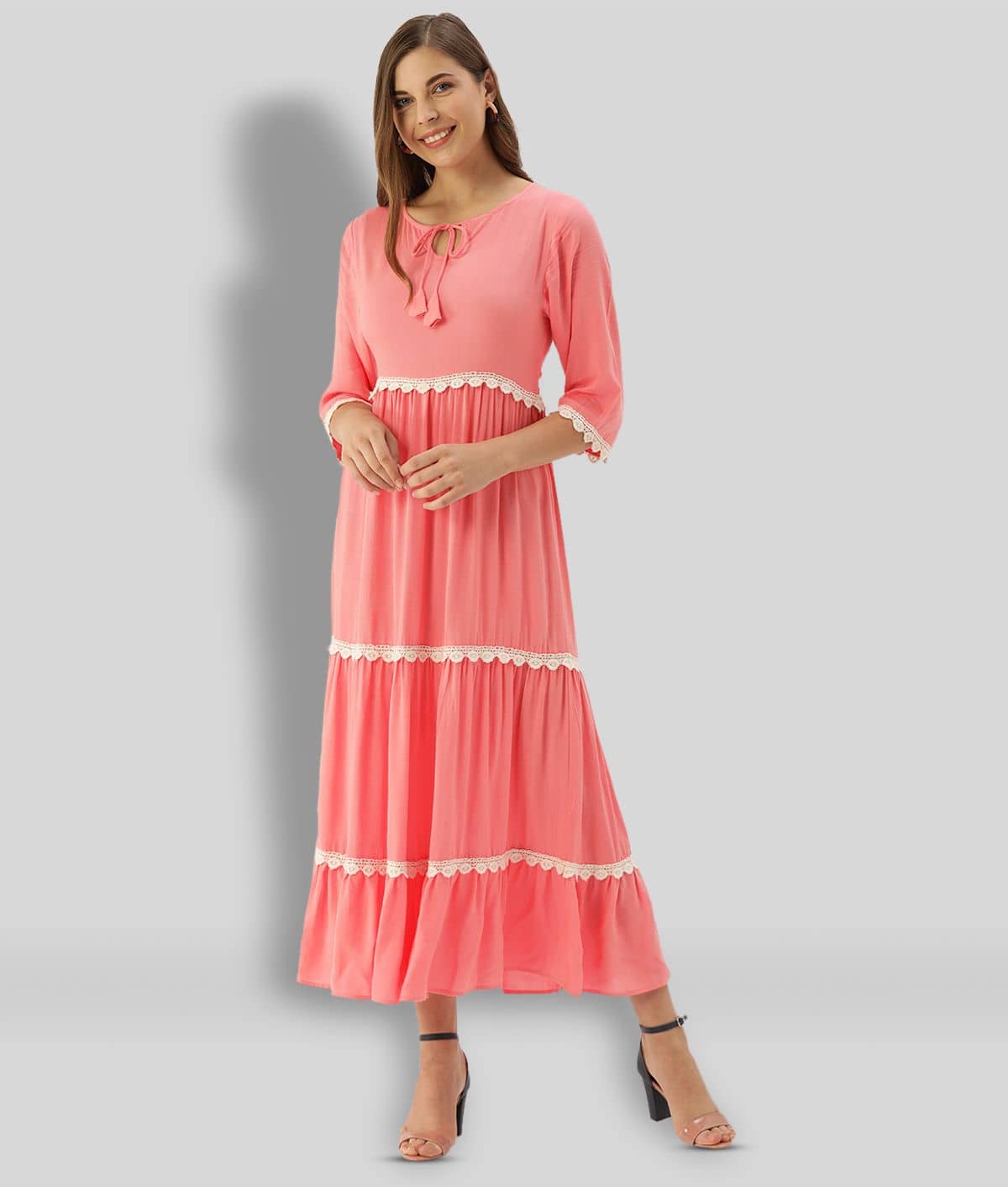 The Dry State Women Rayon Solid Fit & Flare Dress ( Pink )