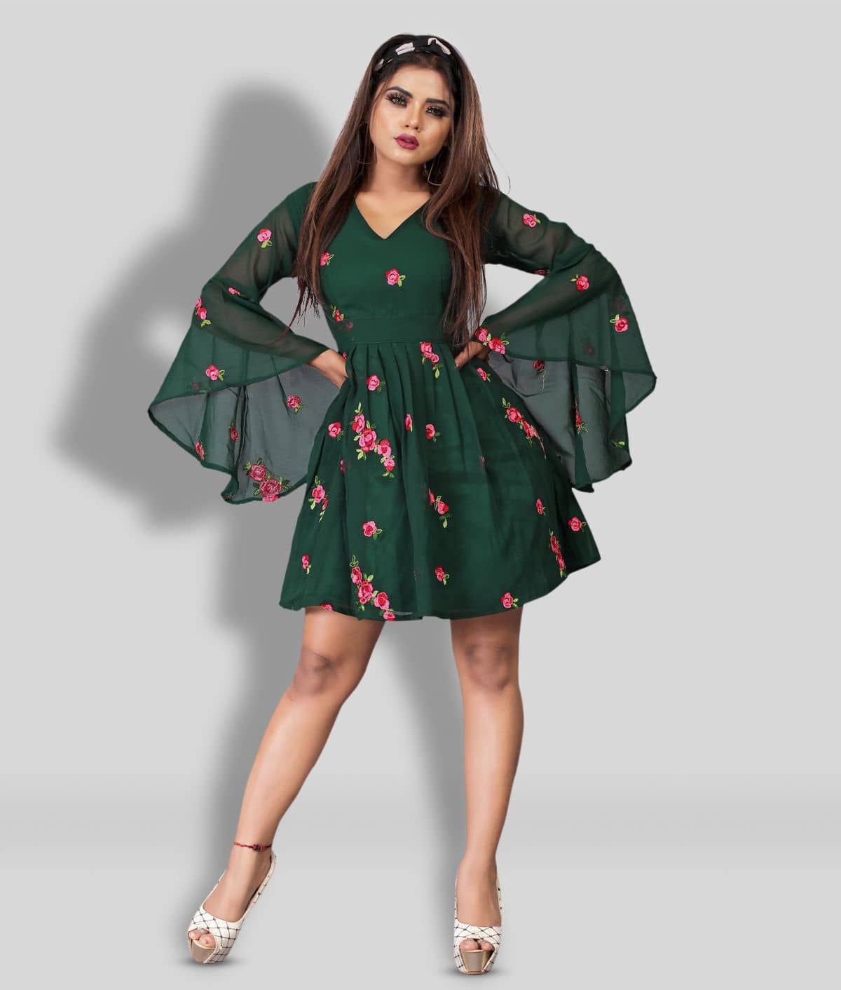 Aika Women Georgette Printed A-line Dress ( Green )
