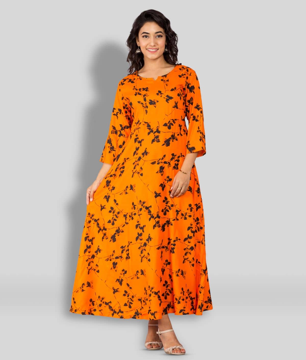 Frionkandy Women Rayon Printed Fit & Flare Dress ( Orange )
