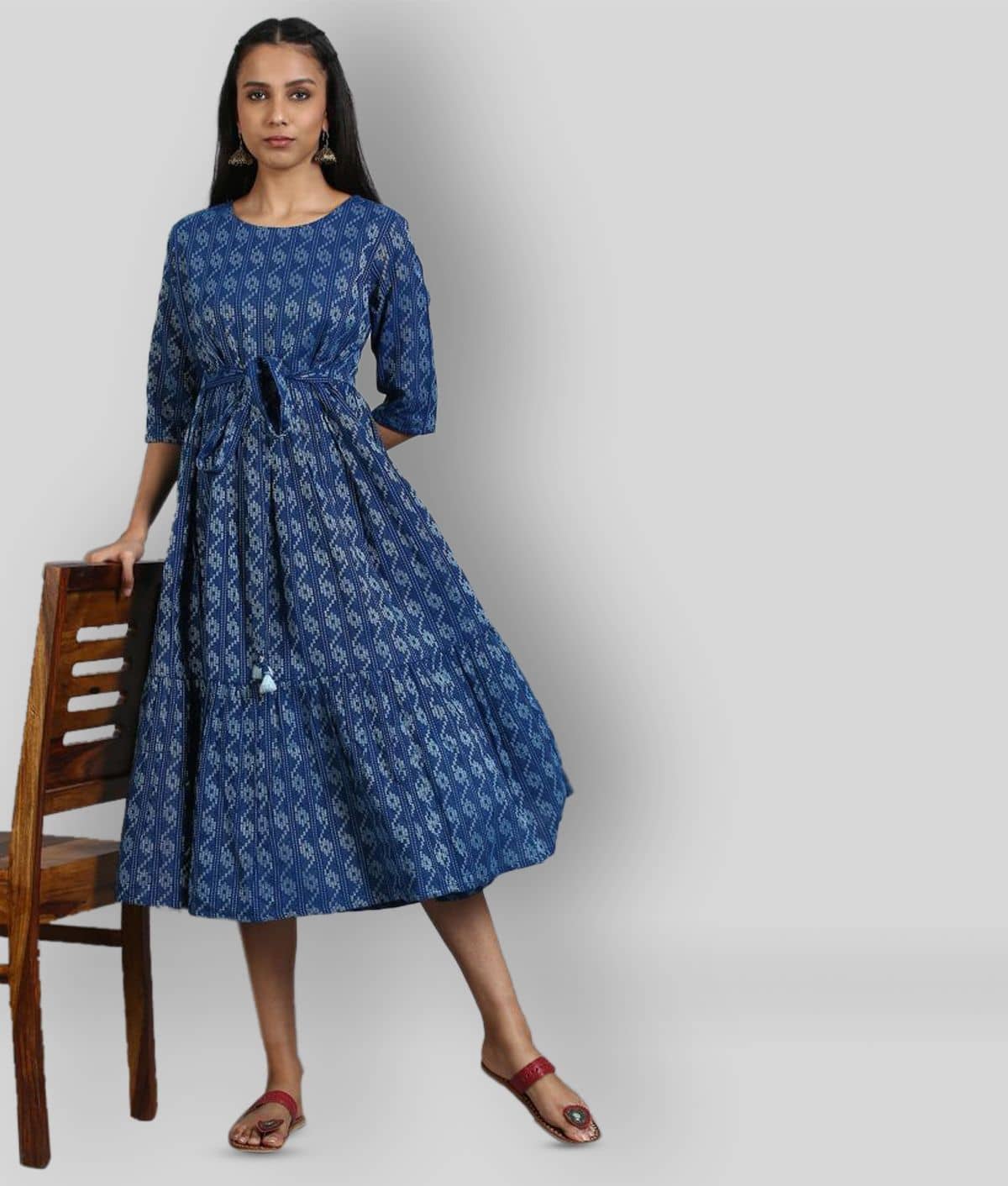Janasya Women Cotton Blend Printed Fit & Flare Dress ( Blue )