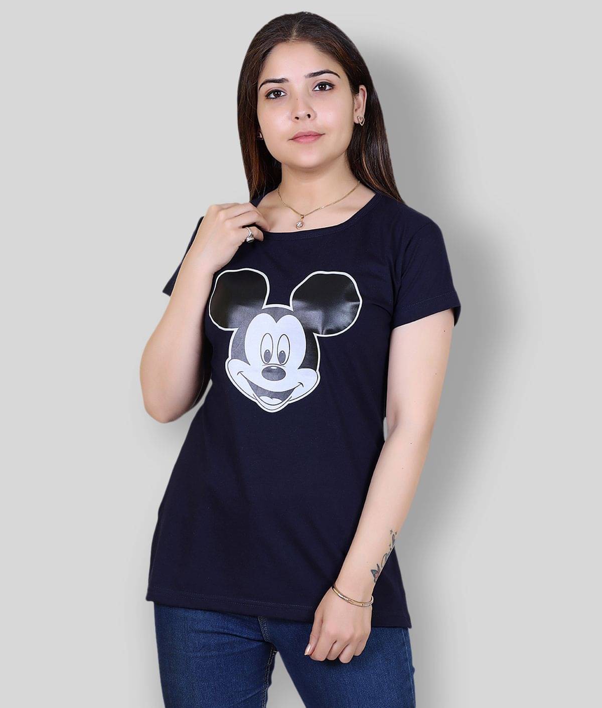 Ogarti Women Cotton Blend Printed Regular Fit Round Neck T-Shirt ( Navy Blue )     			Ogarti Women Cotton Blend Printed Regular Fit Round Neck T-Shirt ( Navy Blue )