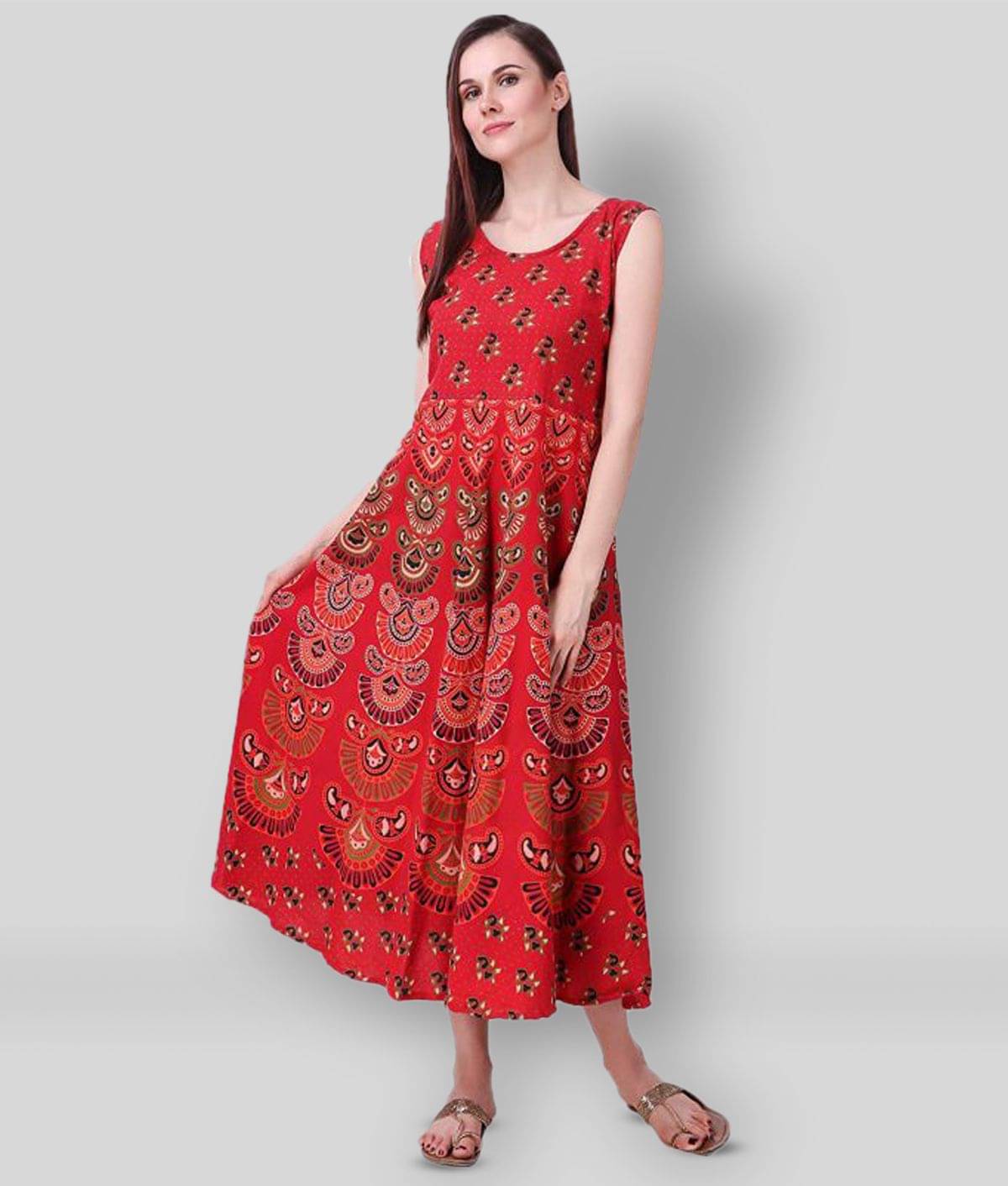 Rangun Women Cotton Blend Printed Ethnic Dress ( Multicolor ) Rangun Women Cotton Blend Printed Ethnic Dress ( Multicolor )