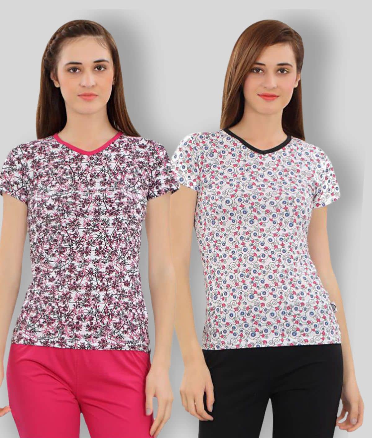 Zebu Women Cotton Blend Printed Regular Fit V-Neck T-Shirt ( Multicolor )
