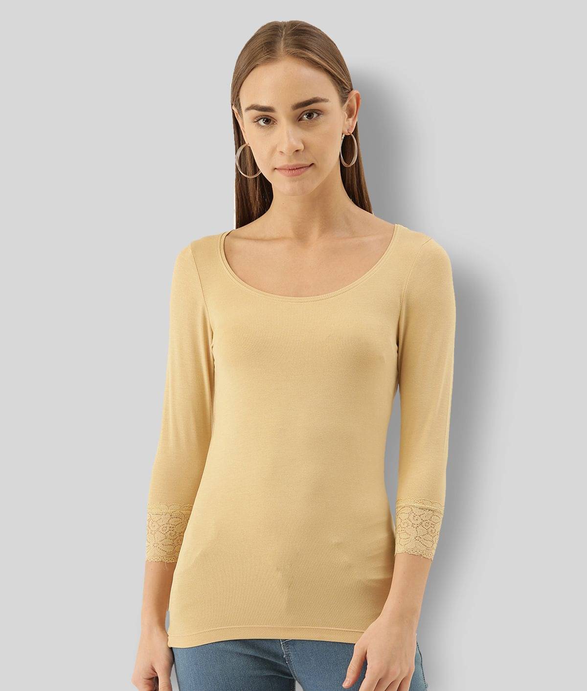     			Zebu Women Viscose Solid Regular Fit Round Neck T-Shirt ( Beige )