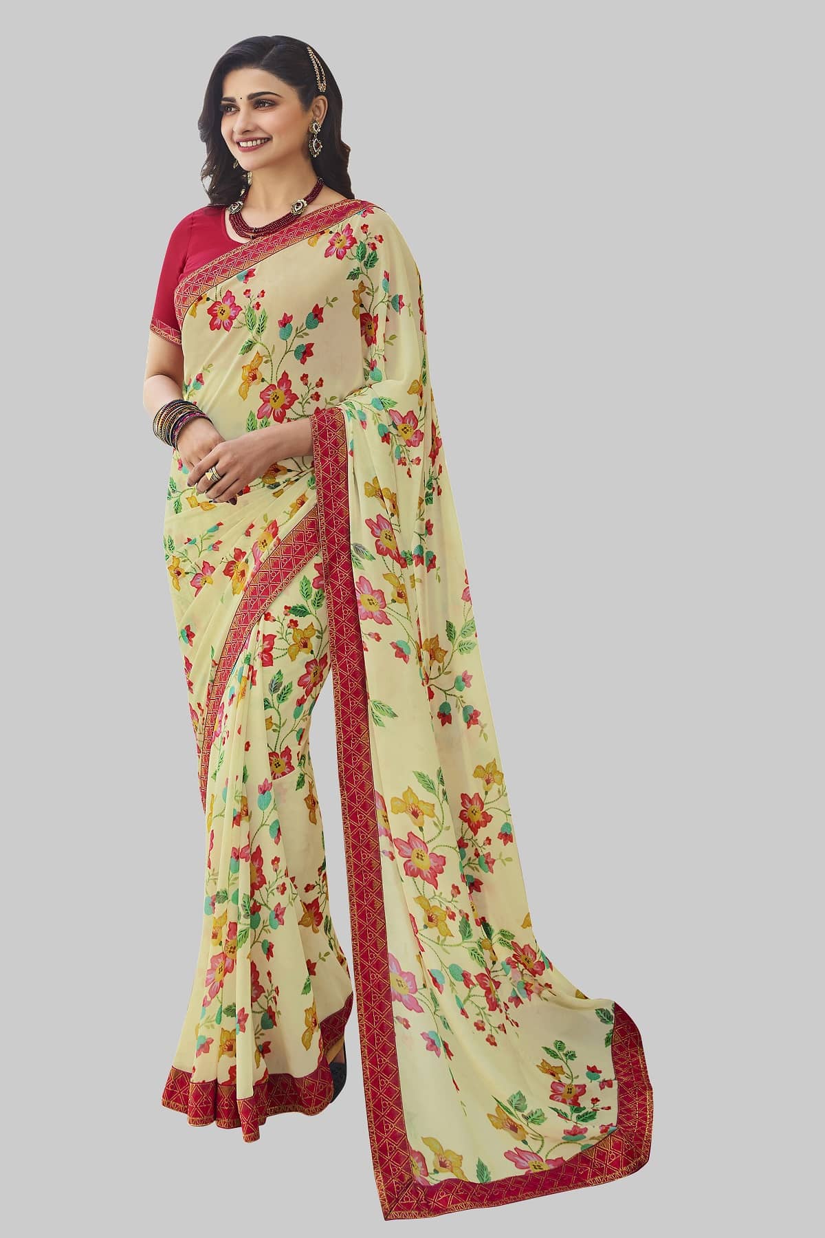 Gazal Fashions Chiffon Printed Saree With Unstitched Blouse Piece ( Yellow ) - Sarees | Buy online on ZillyBuy