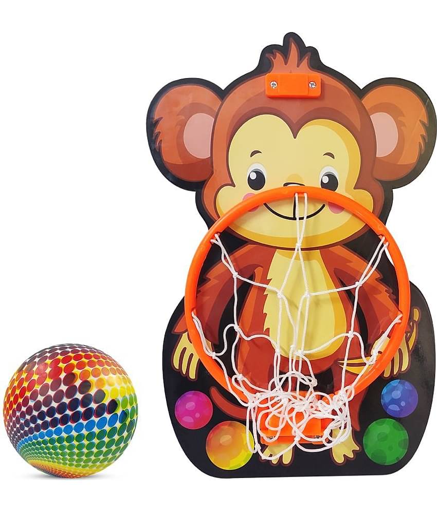 NHR Small Basket Ball kit Set with Ring for Kids, Playing Indoor Outdoor Basket Ball, High Quality Hanging Board with Net & Ball (Monkey Face Printed)