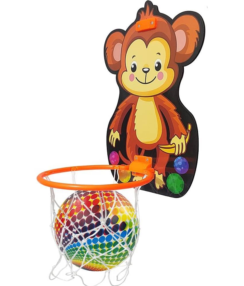 NHR Small Basket Ball kit Set with Ring for Kids, Playing Indoor Outdoor Basket Ball, High Quality Hanging Board with Net & Ball (Monkey Face Printed)