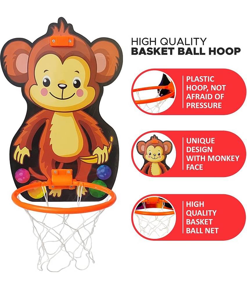 NHR Small Basket Ball kit Set with Ring for Kids, Playing Indoor Outdoor Basket Ball, High Quality Hanging Board with Net & Ball (Monkey Face Printed)