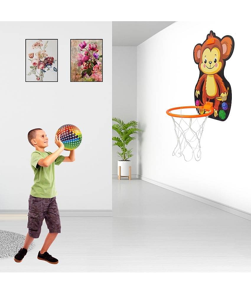 NHR Small Basket Ball kit Set with Ring for Kids, Playing Indoor Outdoor Basket Ball, High Quality Hanging Board with Net & Ball (Monkey Face Printed)