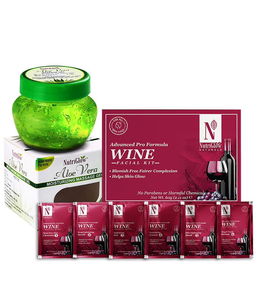     			NutriGlow NATURAL'S Advanced Pro Formula Wine Facial Kit (60gm) and Aloe Vera Gel (100ml) for Skin Moisturization & Remove Blackheads, Pack of 2