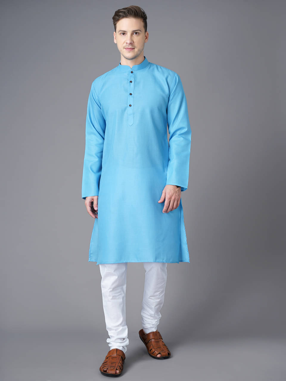 Paul Street - Regular 100 percent Cotton Sky Blue Men's Kurta ( Pack of 1 )     			Paul Street - Regular 100 percent Cotton Sky Blue Men's Kurta ( Pack of 1 )