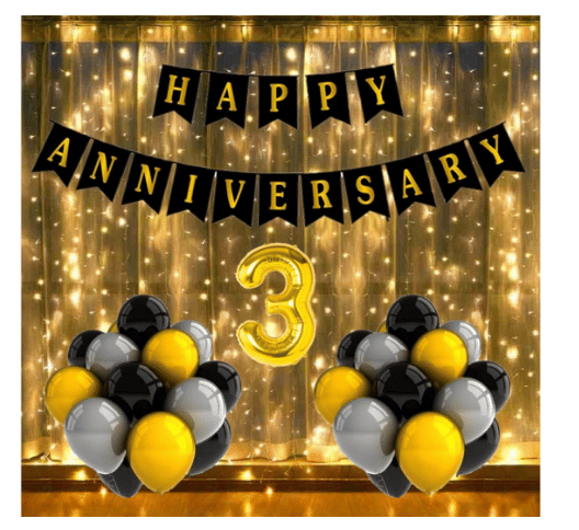     			Blooms Mall  2 Gold Foil Balloons with Happy Anniversary Decoration Items or Kit Black Banner Set of 16 Letters with 30 HD Metallic Black , Gold & Silver Balloons Decoration Combo Set