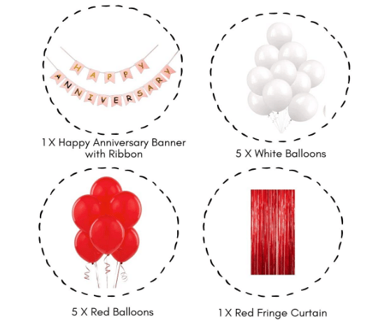     			Blooms Mall  Happy Anniversary  Red Banner, 1 Red fringe,  10 pcs Red, 10 pcs White Balloons Set of 22 Pcs