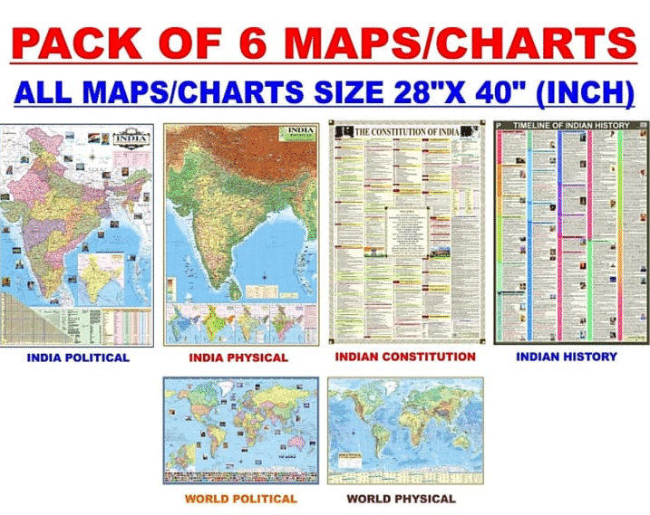 MAPS FOR UPSC (PACK OF 6) INDIAN CONSTITUTION, INDIAN HISTORY, INDIA POLITICAL, INDIA PHYSICAL, WORLD POLITICAL, WORLD PHYSICAL MAP CHART POSTER All Maps/Chart size : 100x70 cm (40"x28" inch) MAPS FOR UPSC (PACK OF 6) INDIAN CONSTITUTION, INDIAN HISTORY, INDIA POLITICAL, INDIA PHYSICAL, WORLD POLITICAL, WORLD PHYSICAL MAP CHART POSTER All Maps/Chart size : 100x70 cm (40"x28" inch)