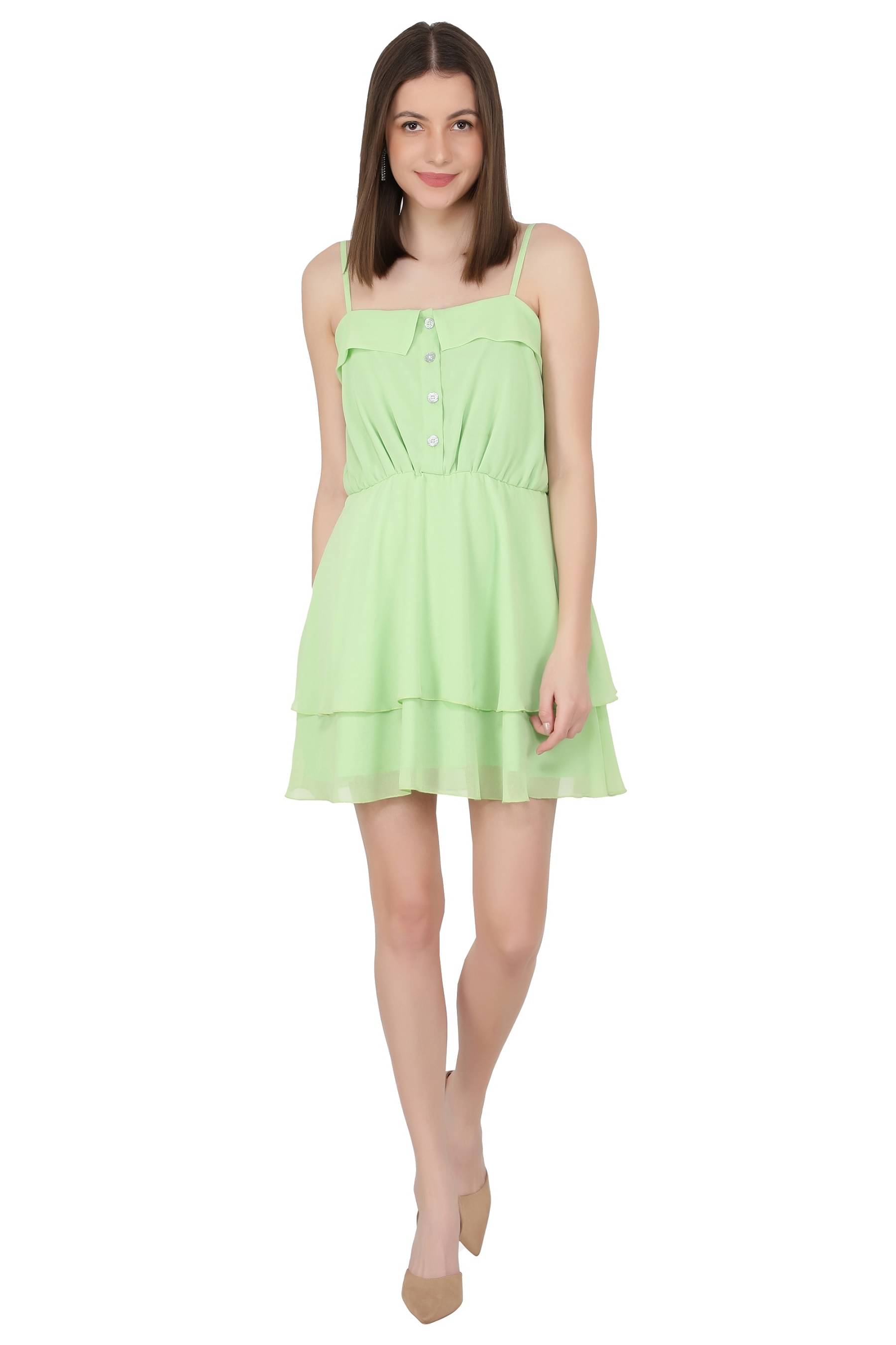 NUEVOSDAMAS Women Georgette Solid Fit & Flare Dress ( Lime Green ) NUEVOSDAMAS Women Georgette Solid Fit & Flare Dress ( Lime Green )