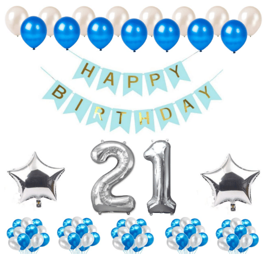     			Blooms Mall 1 Set Happy Birthday blue Banner , 2 Pcs silver  Foil Star , 50 Pcs Metallic Balloons   (Blue &  Silver ),21 No. Foil Number Silver