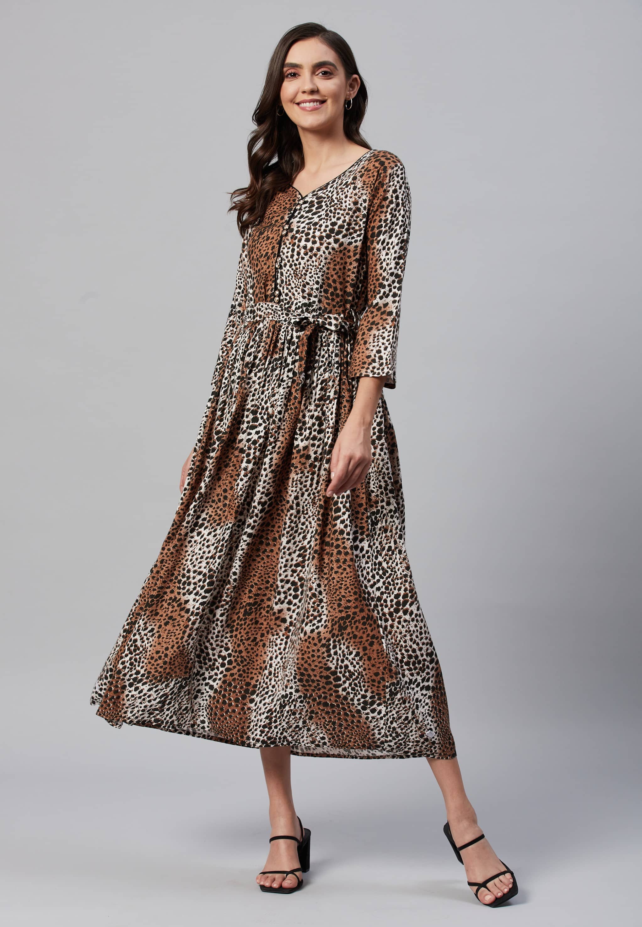 JC4U Women Cotton Blend Printed A-line Dress ( Brown )