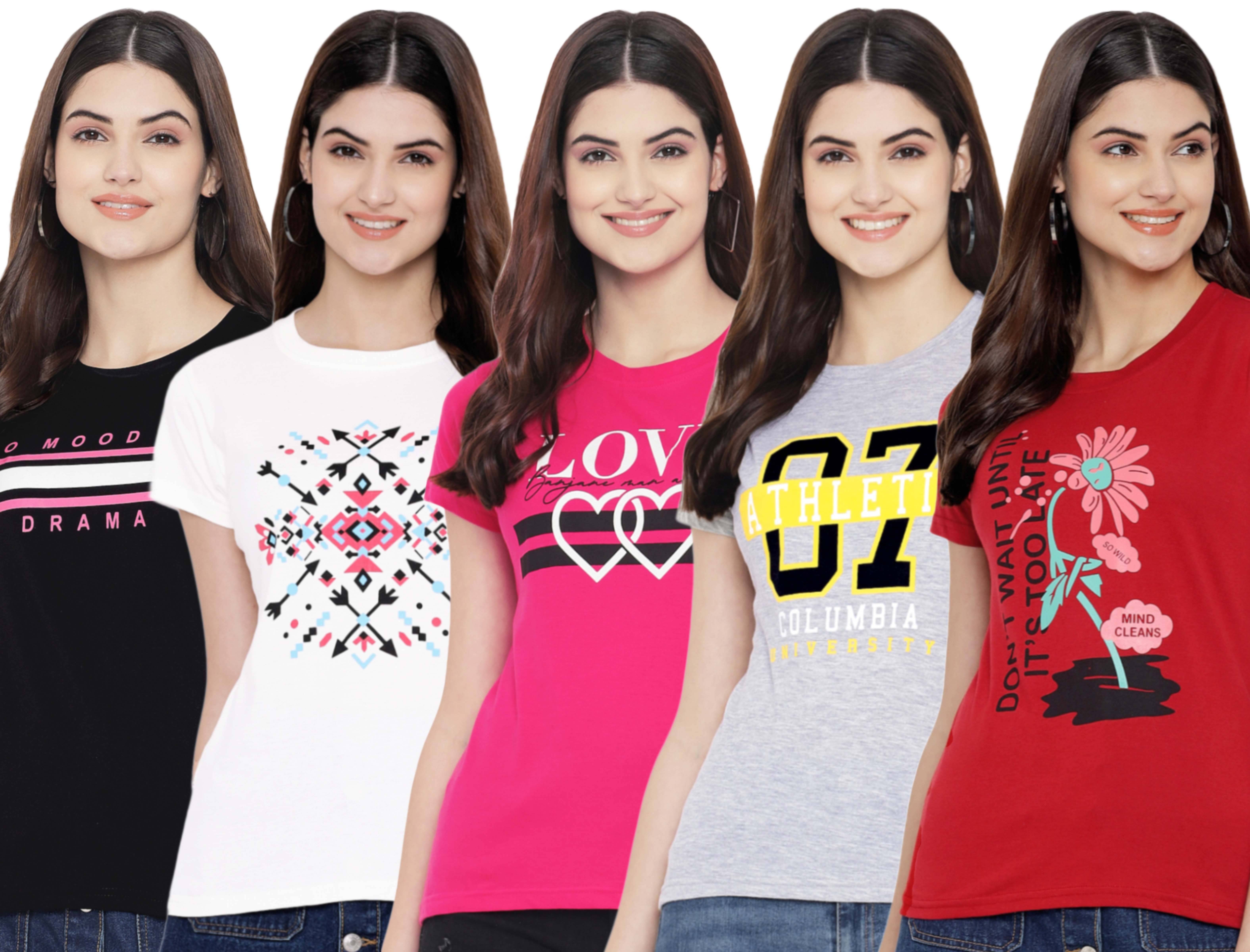 Fabflee Women Cotton Printed Regular Fit Round Neck T-Shirt ( Multi Color ) Fabflee Women Cotton Printed Regular Fit Round Neck T-Shirt ( Multi Color )