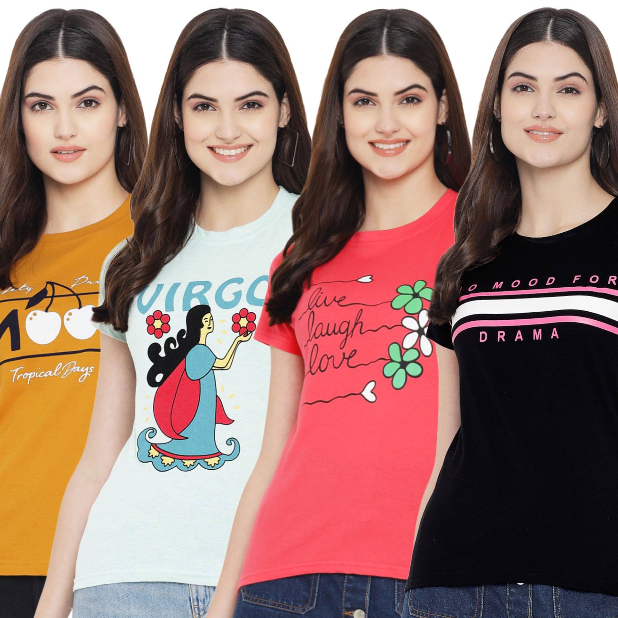 Fabflee Women Cotton Printed Regular Fit Round Neck T-Shirt ( Multicolor ) Fabflee Women Cotton Printed Regular Fit Round Neck T-Shirt ( Multicolor )