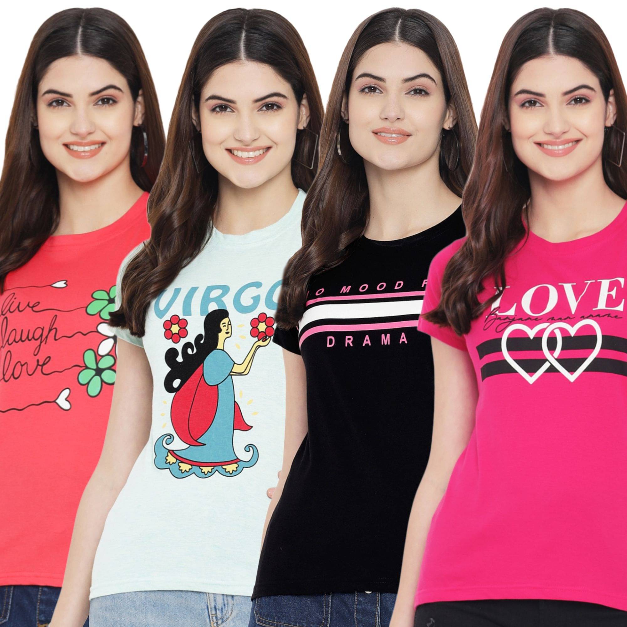 Fabflee Women Cotton Printed Regular Fit Round Neck T-Shirt ( Multicolor ) Fabflee Women Cotton Printed Regular Fit Round Neck T-Shirt ( Multicolor )