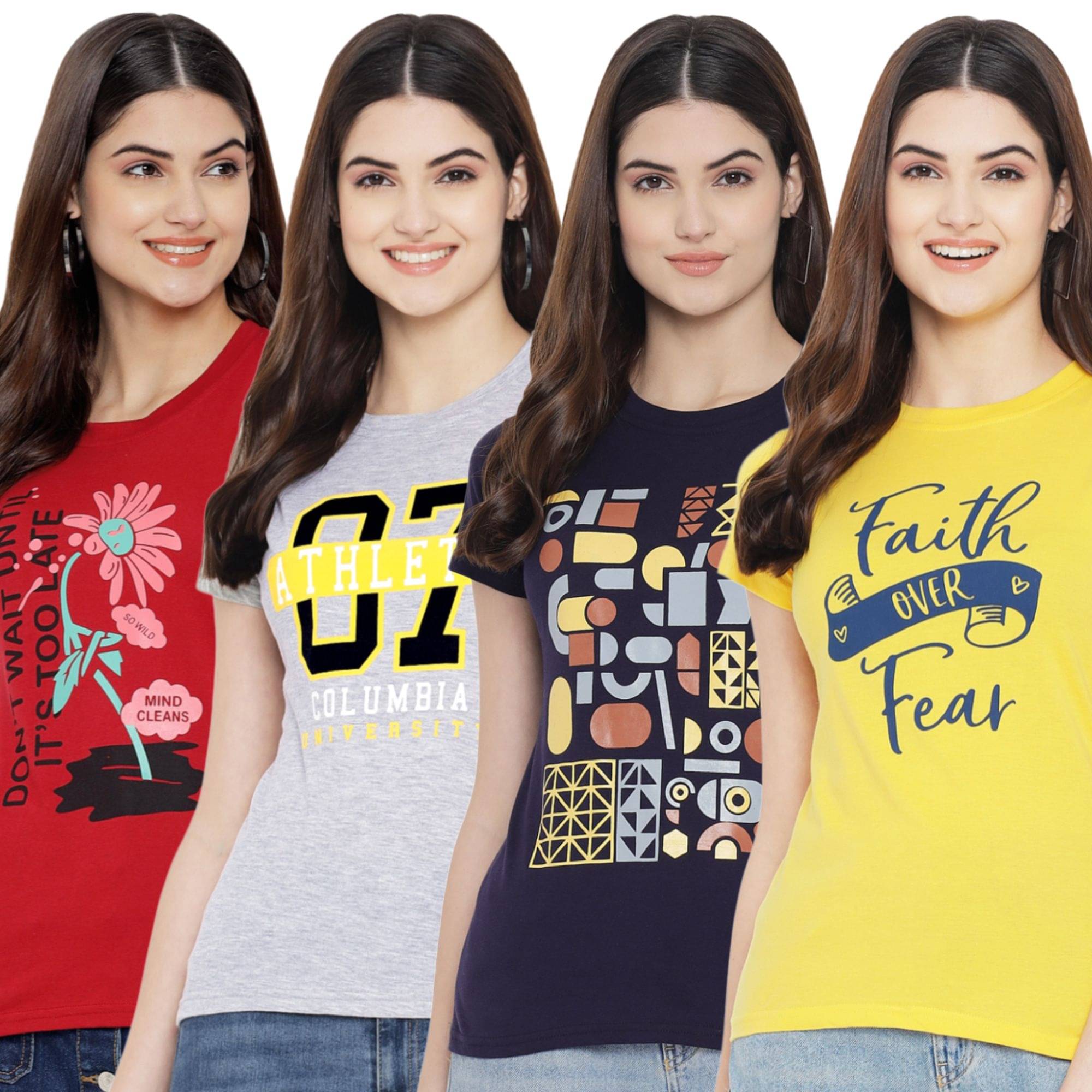     			Fabflee Women Cotton Printed Regular Fit Round Neck T-Shirt ( Multicolor )