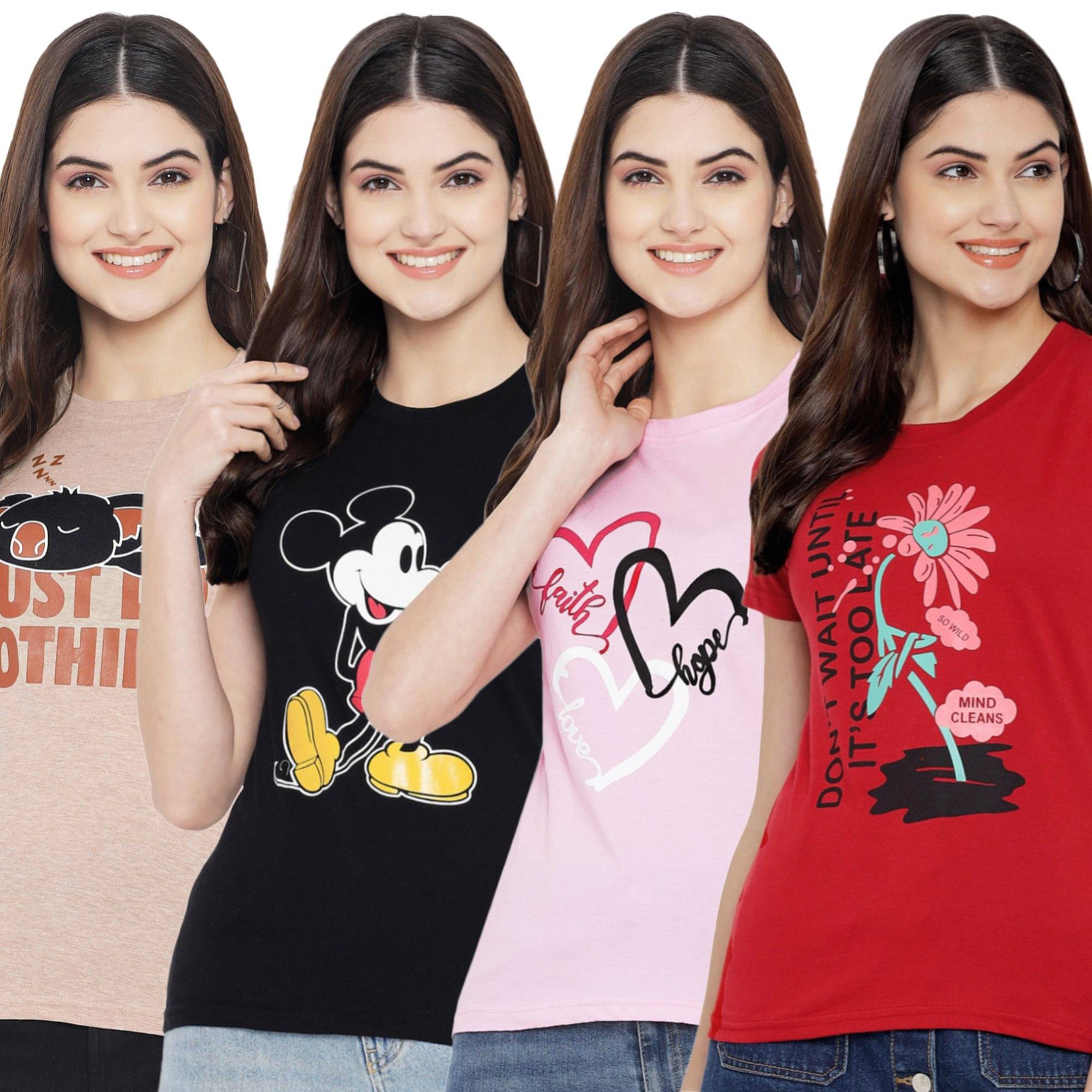    			Fabflee Women Cotton Printed Regular Fit Round Neck T-Shirt ( Multicolor )