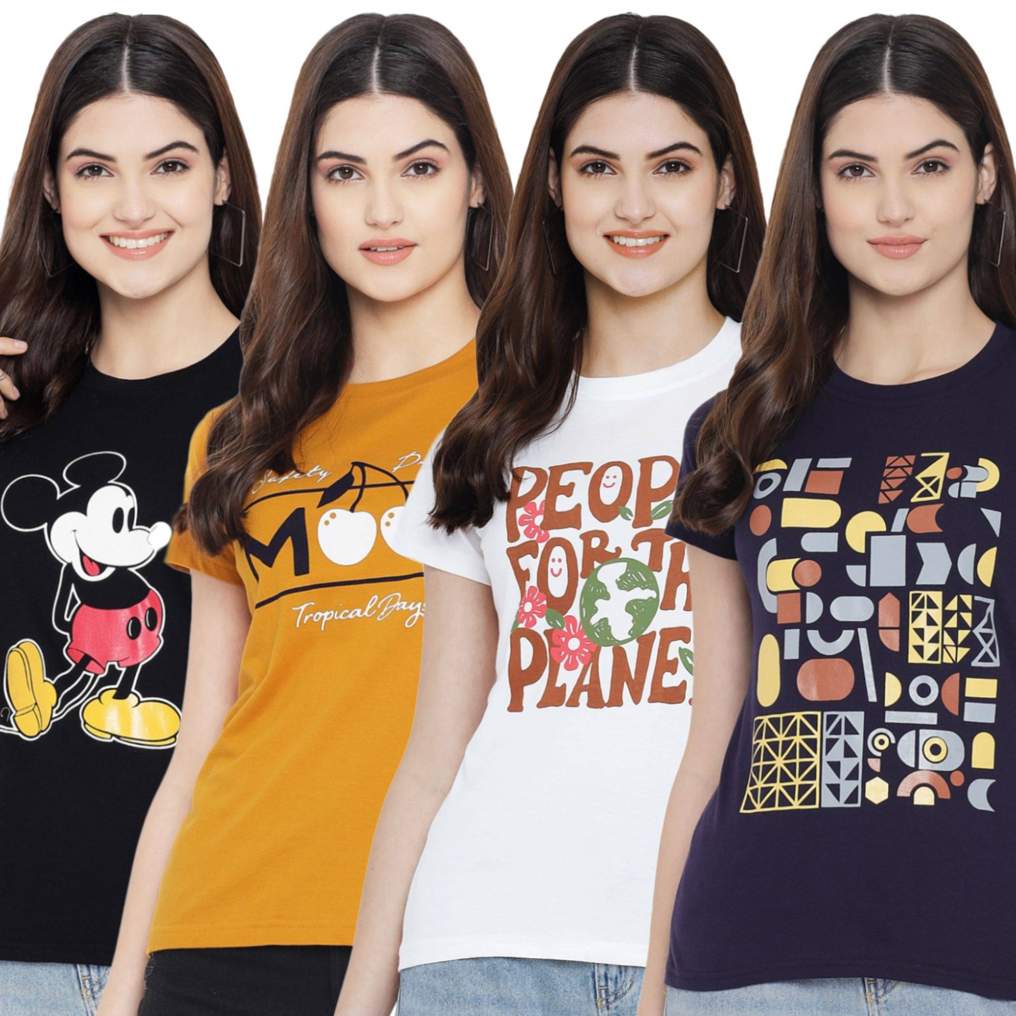     			Fabflee Women Cotton Printed Regular Fit Round Neck T-Shirt ( Multicolor )