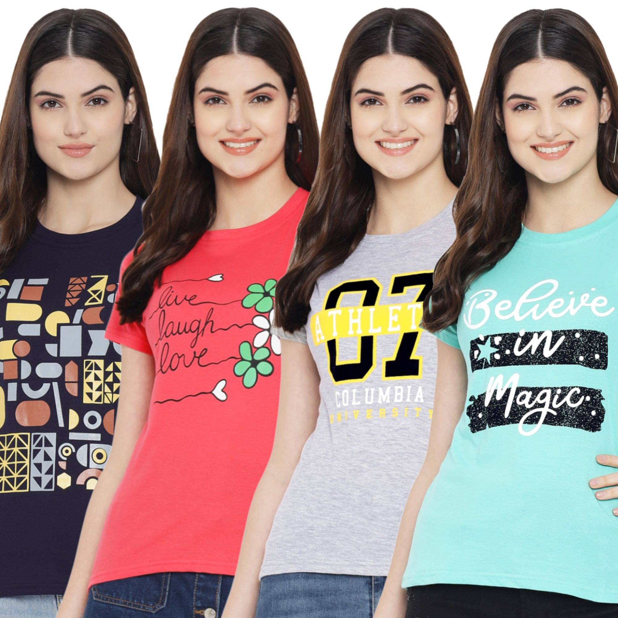 Fabflee Women Cotton Printed Regular Fit Round Neck T-Shirt ( Multicolor )     			Fabflee Women Cotton Printed Regular Fit Round Neck T-Shirt ( Multicolor )